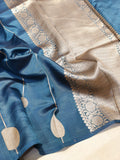 Peacock Blue Soft Katan Banarasi saree front drape view – Hikayat Banaras