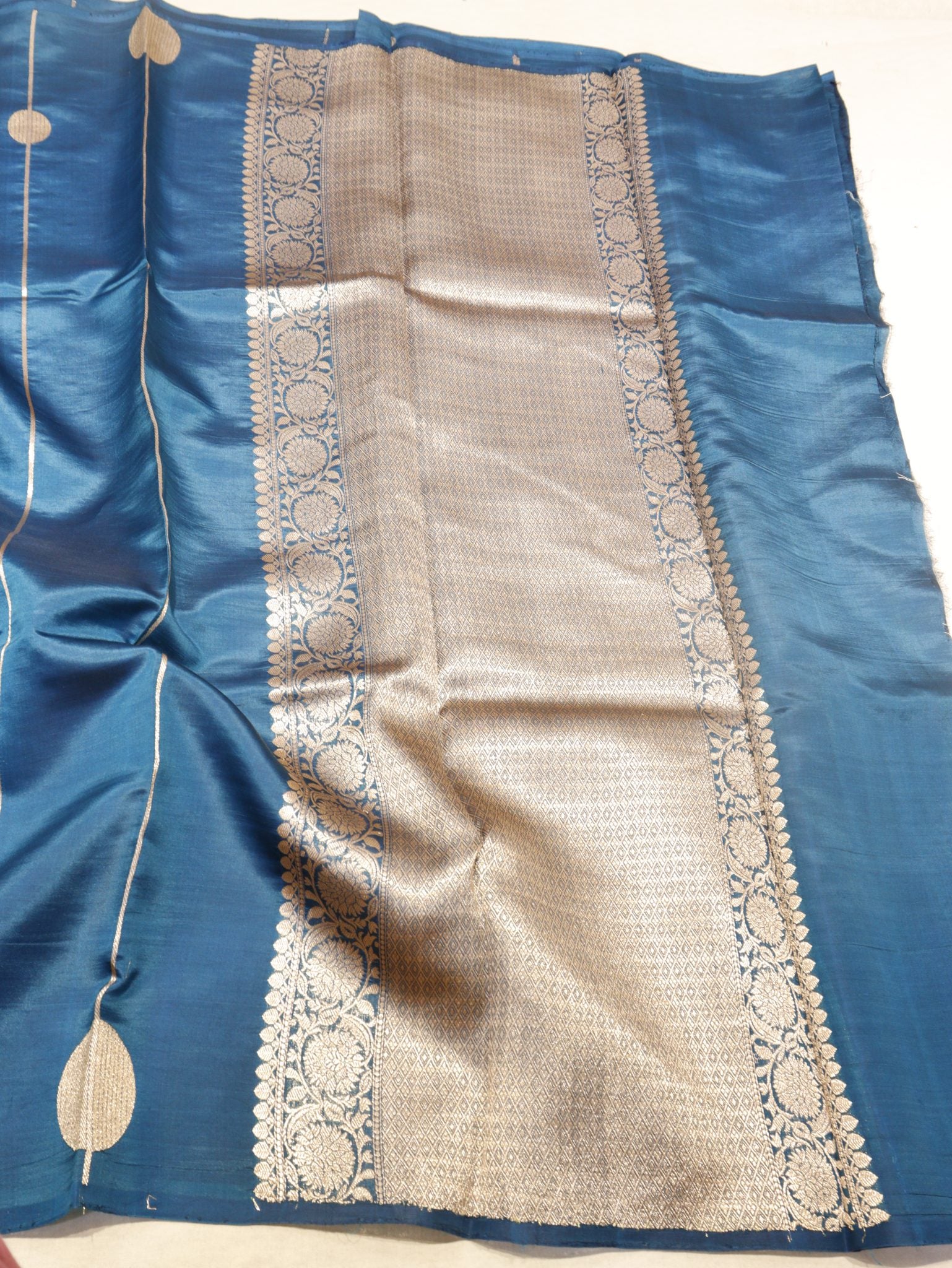 Peacock Blue Soft Katan Banarasi saree full spread – Hikayat Banaras