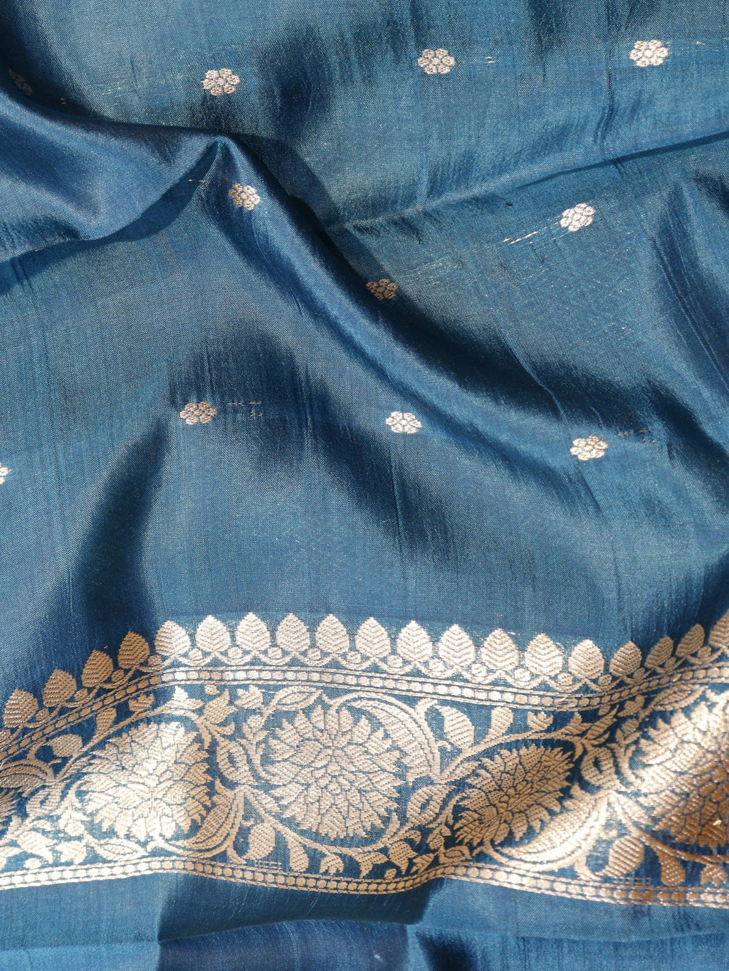 Peacock Blue Soft Katan Banarasi saree texture detail – Hikayat Banaras