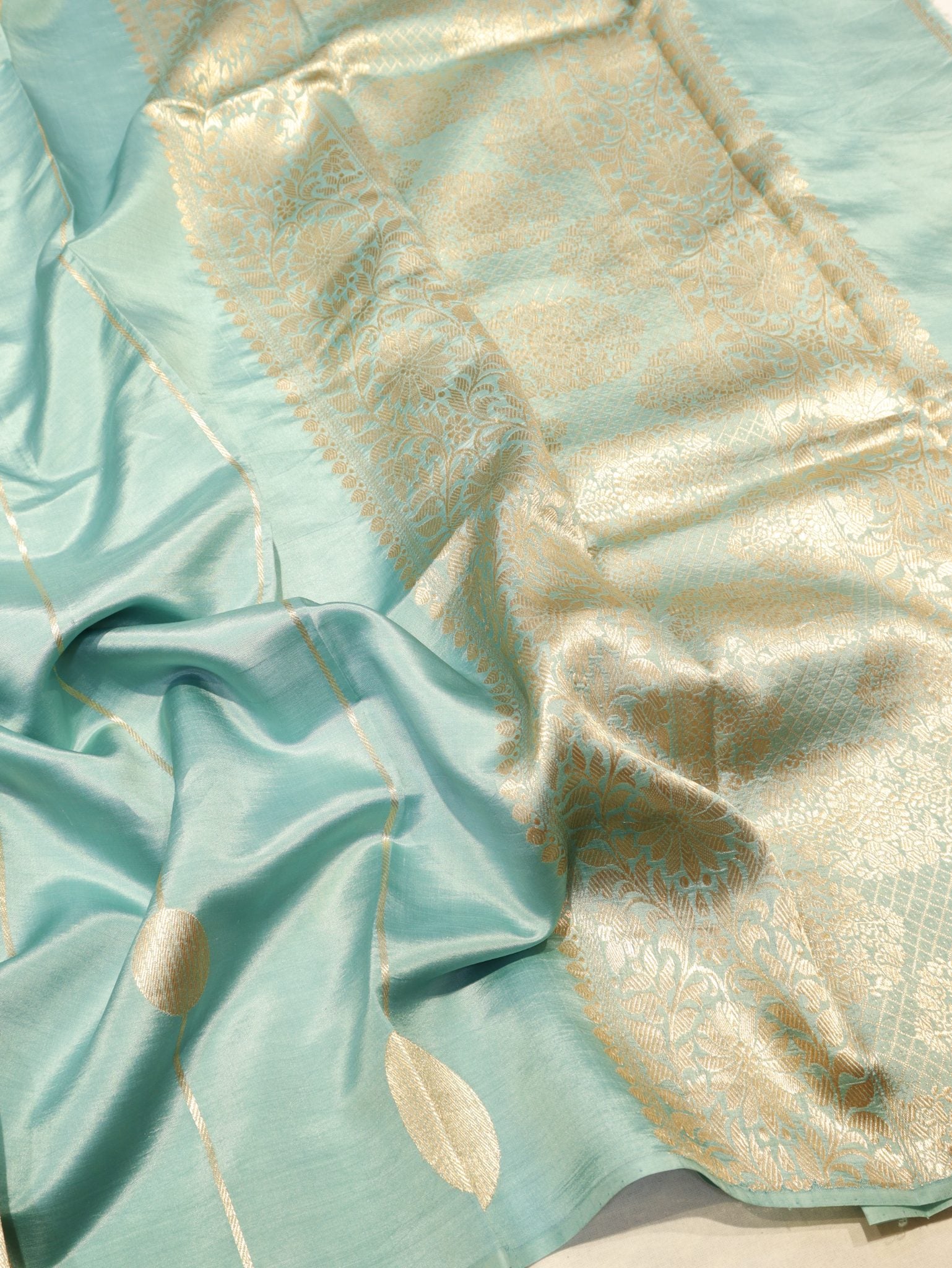 Powder Blue Soft Katan Banarasi saree front drape view – Hikayat Banaras