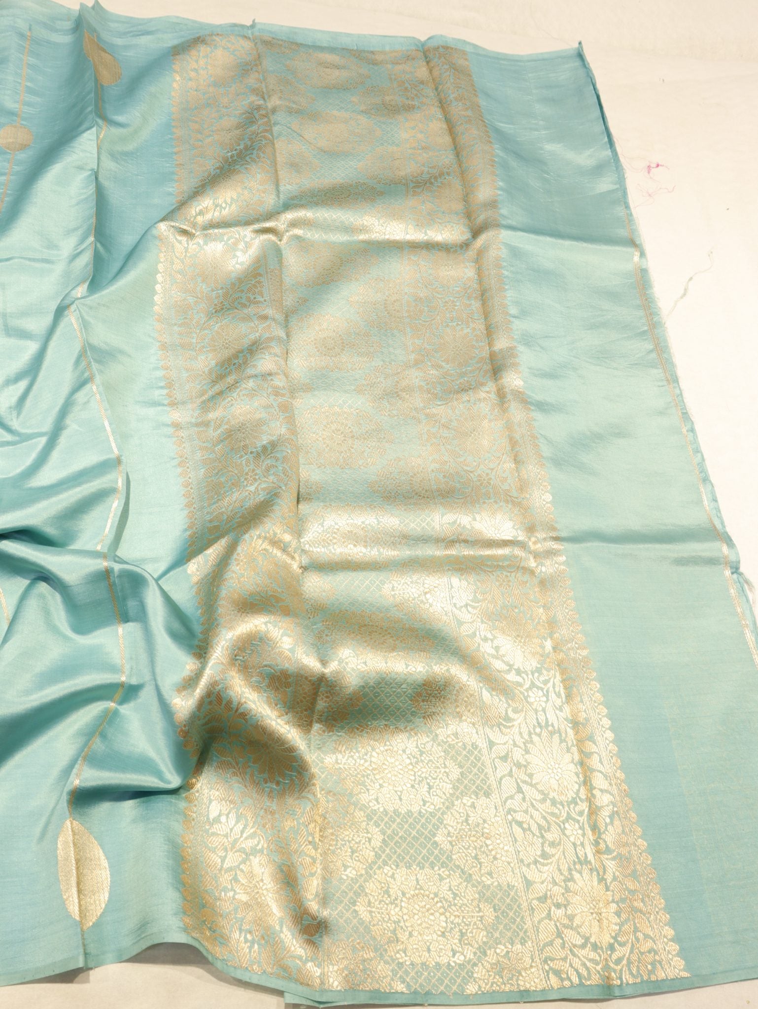 Powder Blue Soft Katan Banarasi saree full spread – Hikayat Banaras