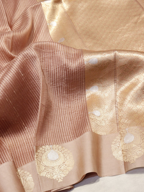 Coffee Brown Kora Silk Banarasi saree front drape view – Hikayat Banaras