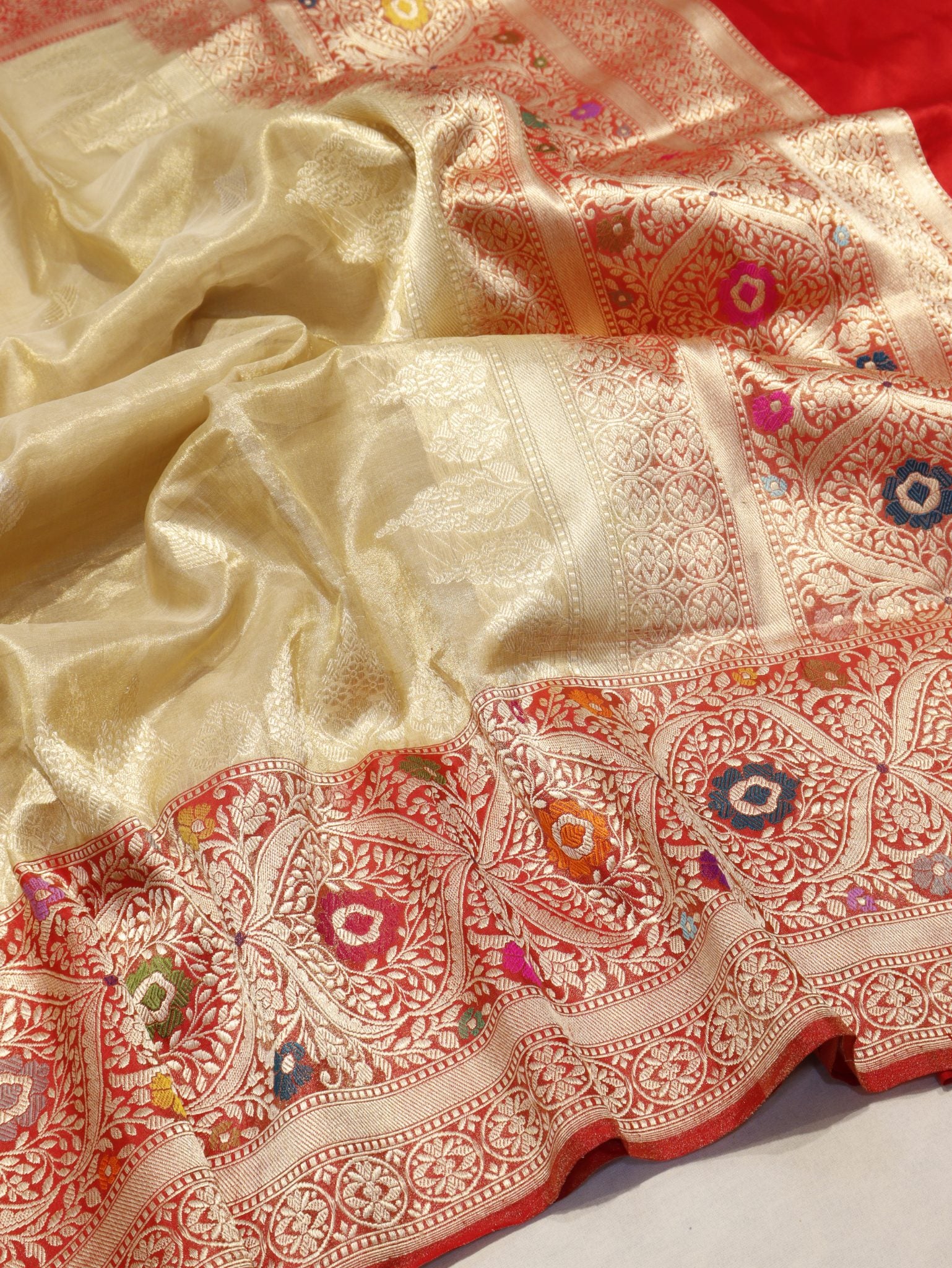Gold Tissue Silk Banarasi saree front drape view – Hikayat Banaras