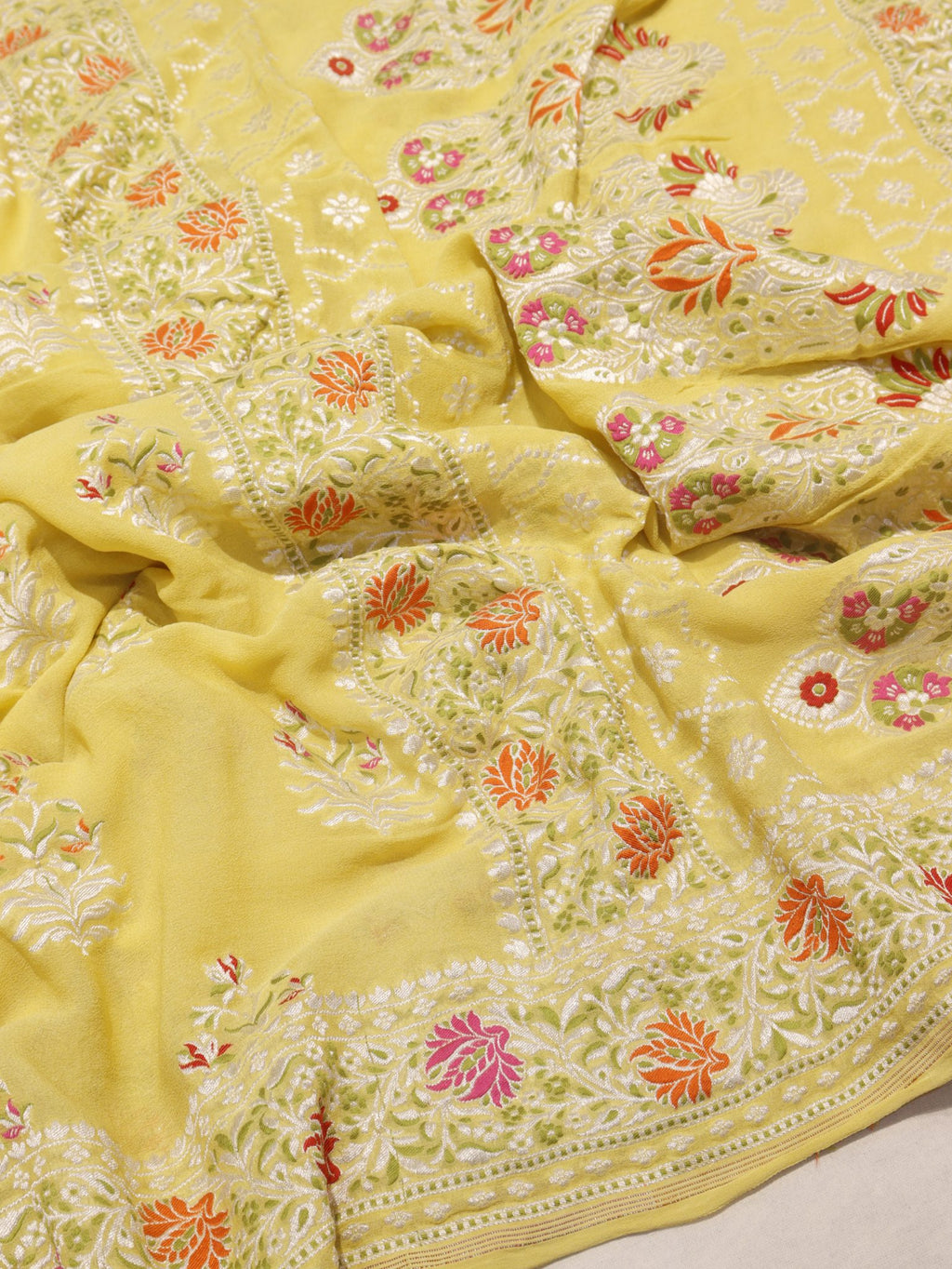 Yellow Khaddi Georgette Banarasi saree front drape view – Hikayat Banaras