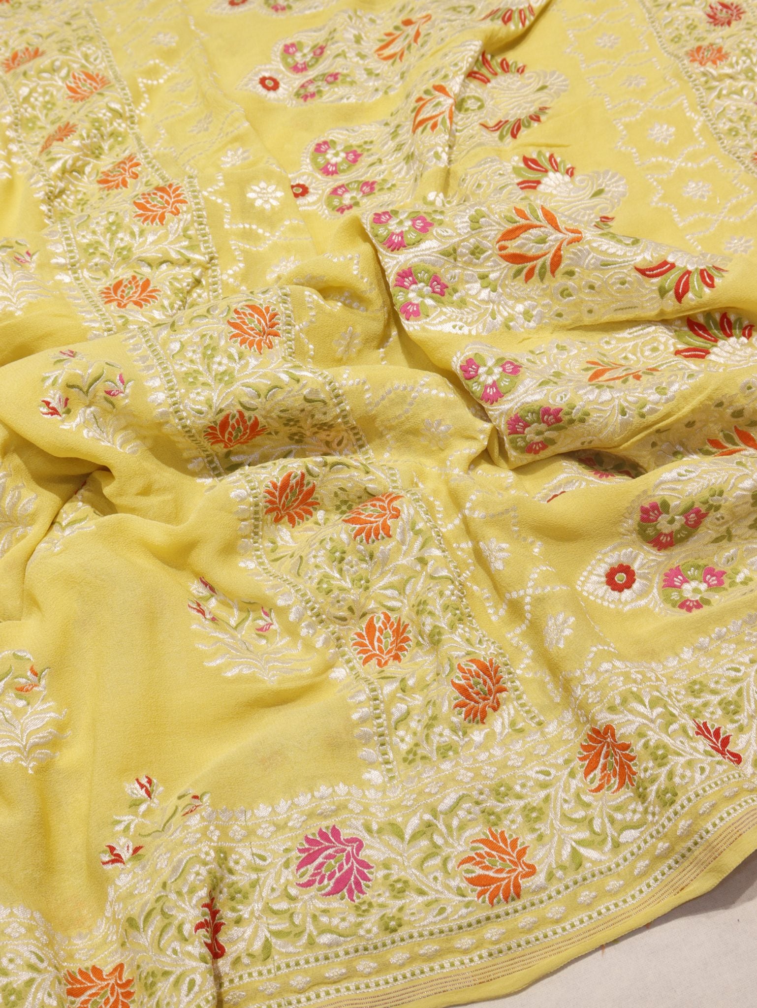 Yellow Khaddi Georgette Banarasi saree pallu detail – Hikayat Banaras