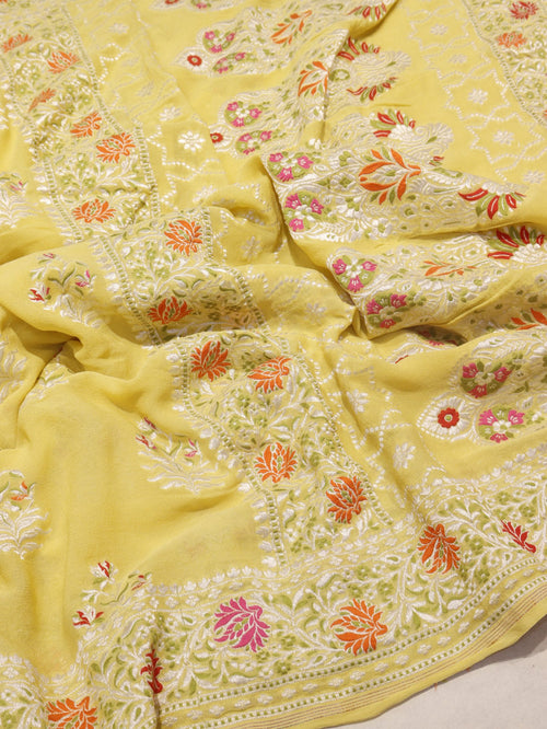 Yellow Khaddi Georgette Banarasi saree pallu detail – Hikayat Banaras