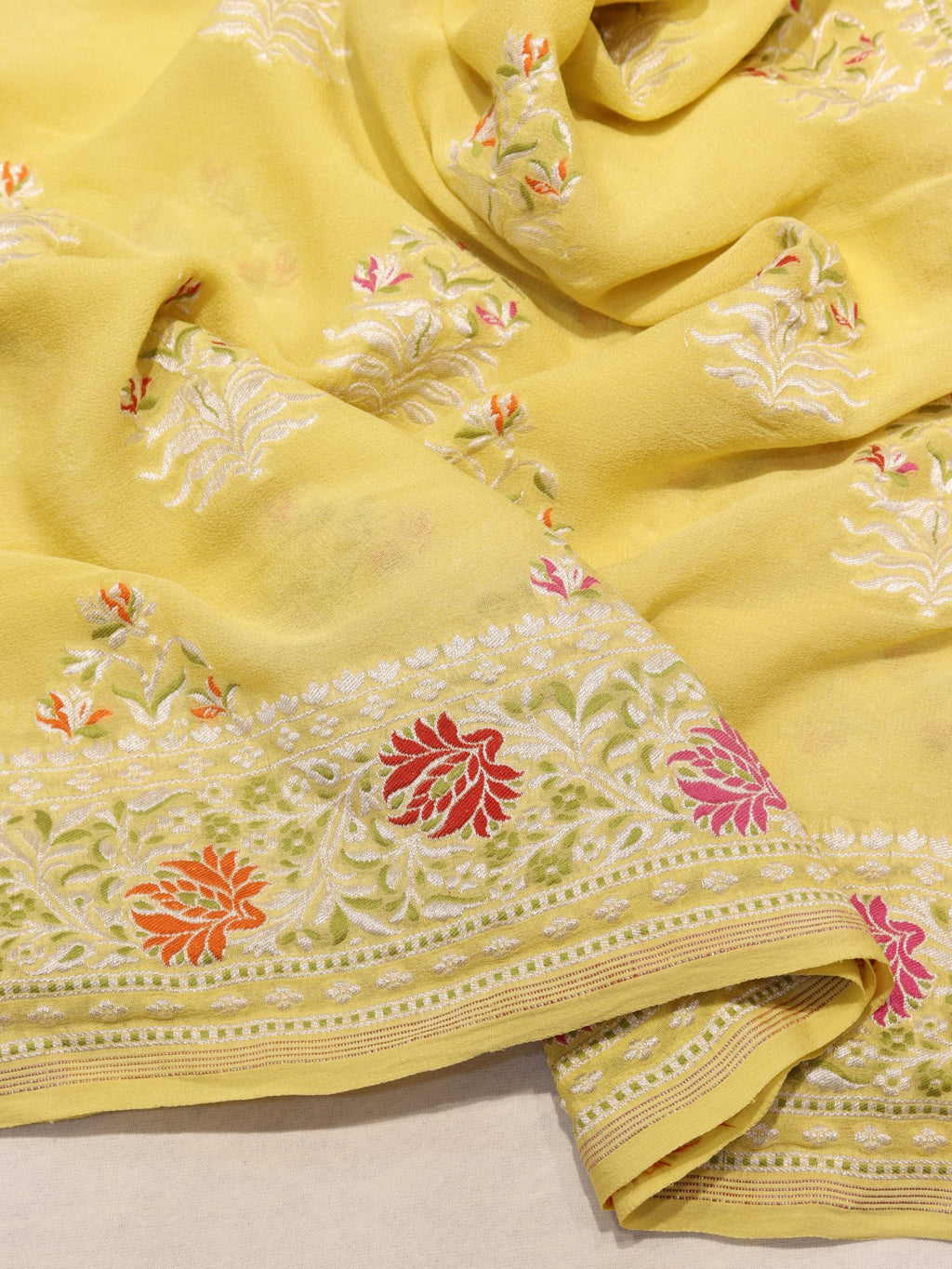 Yellow Khaddi Georgette Banarasi saree full spread – Hikayat Banaras