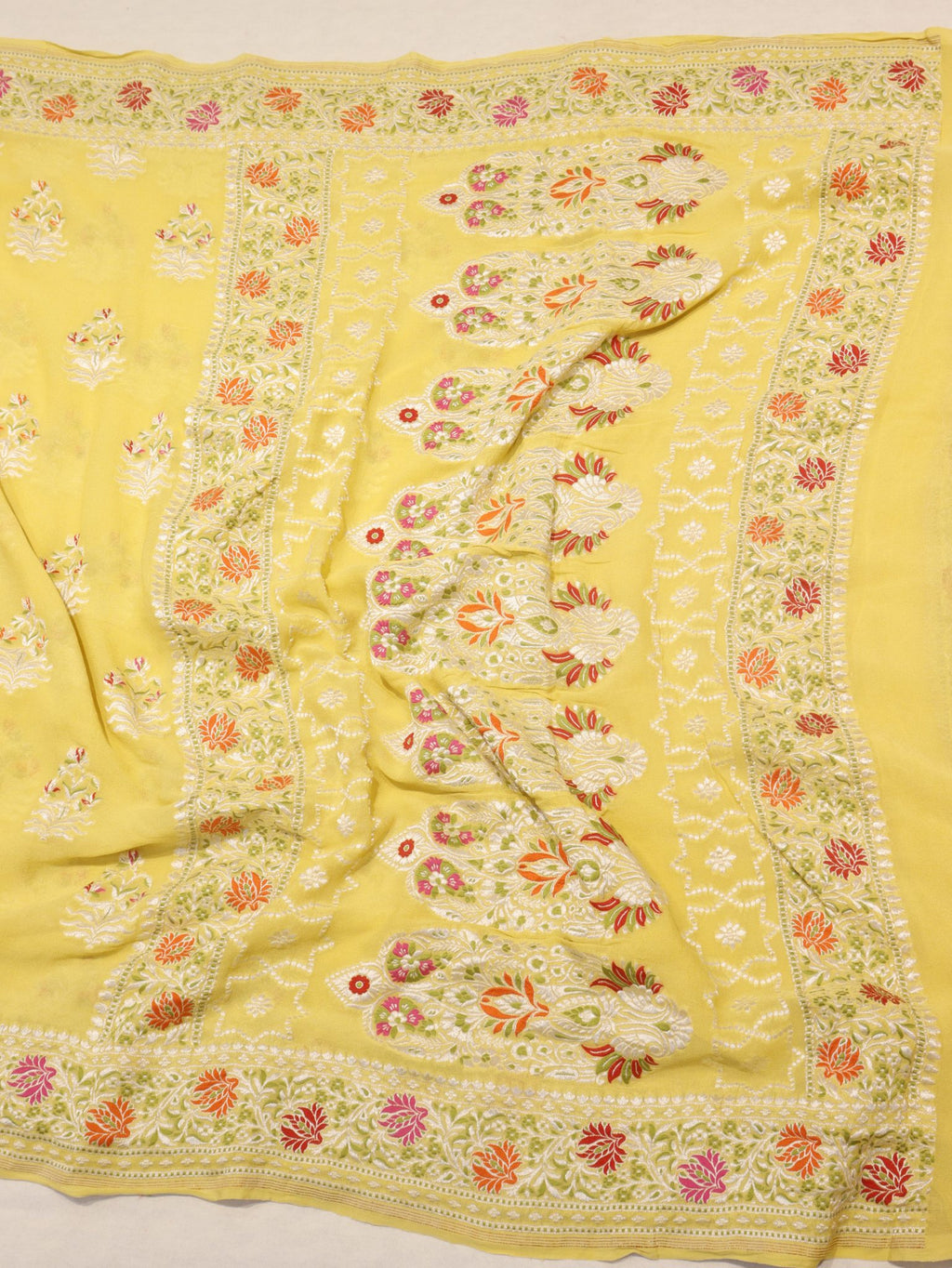 Yellow Khaddi Georgette Banarasi saree texture detail – Hikayat Banaras