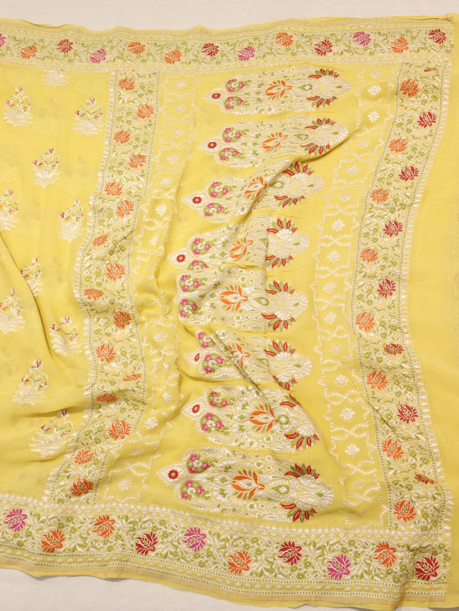 Yellow Khaddi Georgette Banarasi saree texture detail – Hikayat Banaras