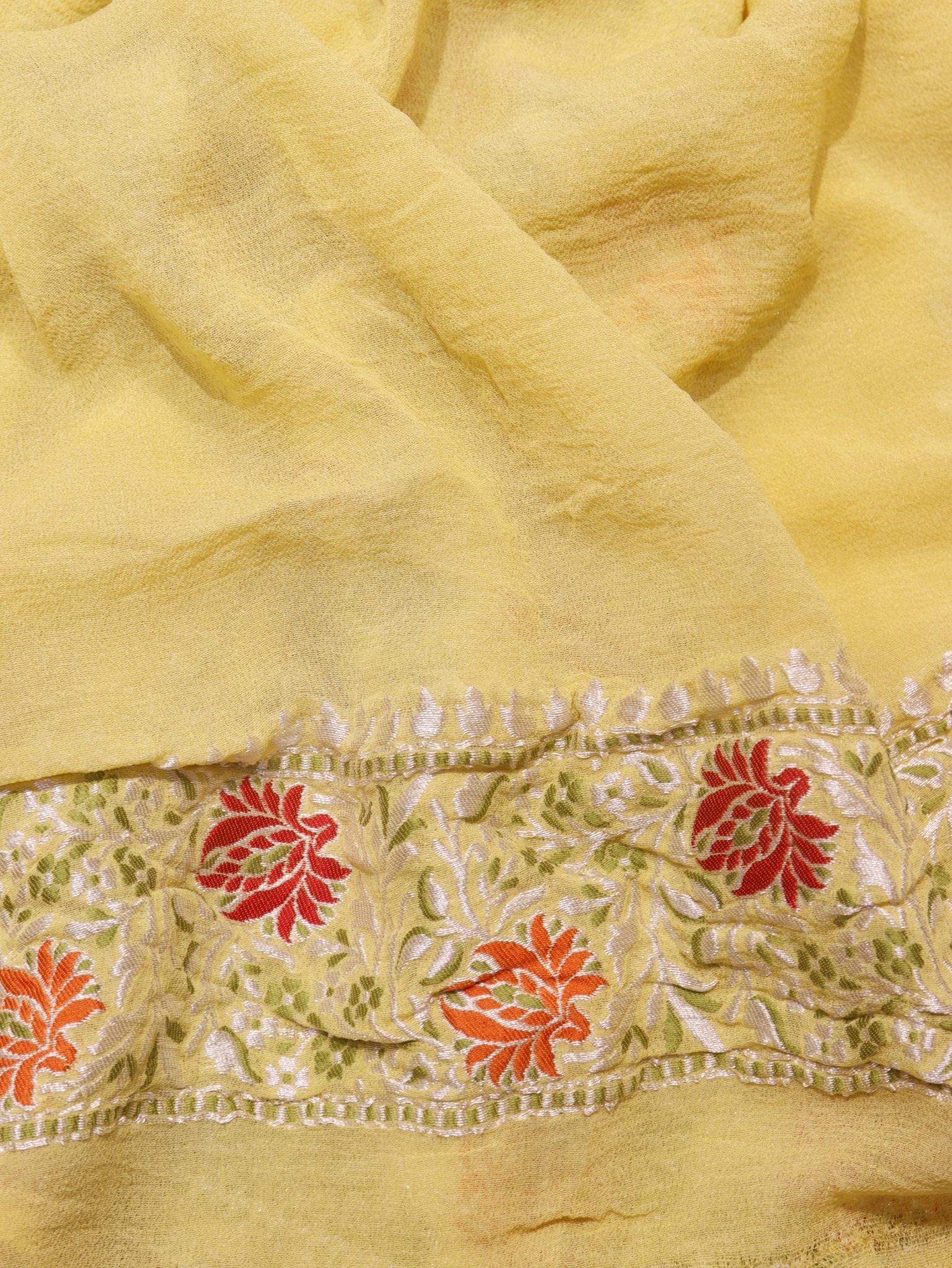Yellow Khaddi Georgette Banarasi saree zari work detail – Hikayat Banaras