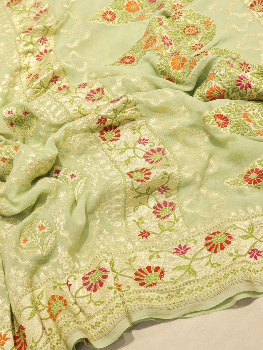 Green Khaddi Georgette Banarasi saree front drape view – Hikayat Banaras