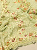 Green Khaddi Georgette Banarasi saree front drape view – Hikayat Banaras