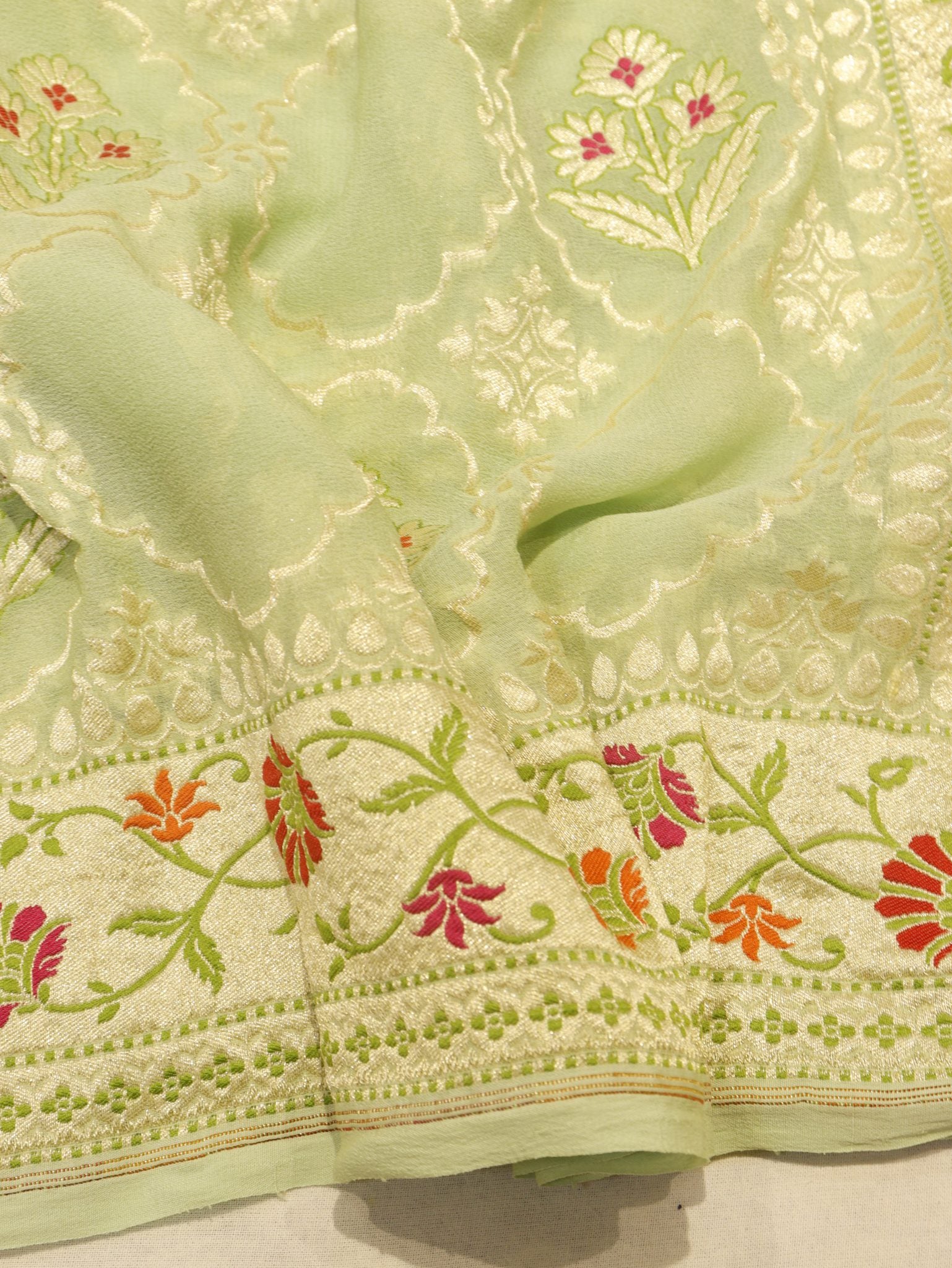 Green Khaddi Georgette Banarasi saree full spread – Hikayat Banaras