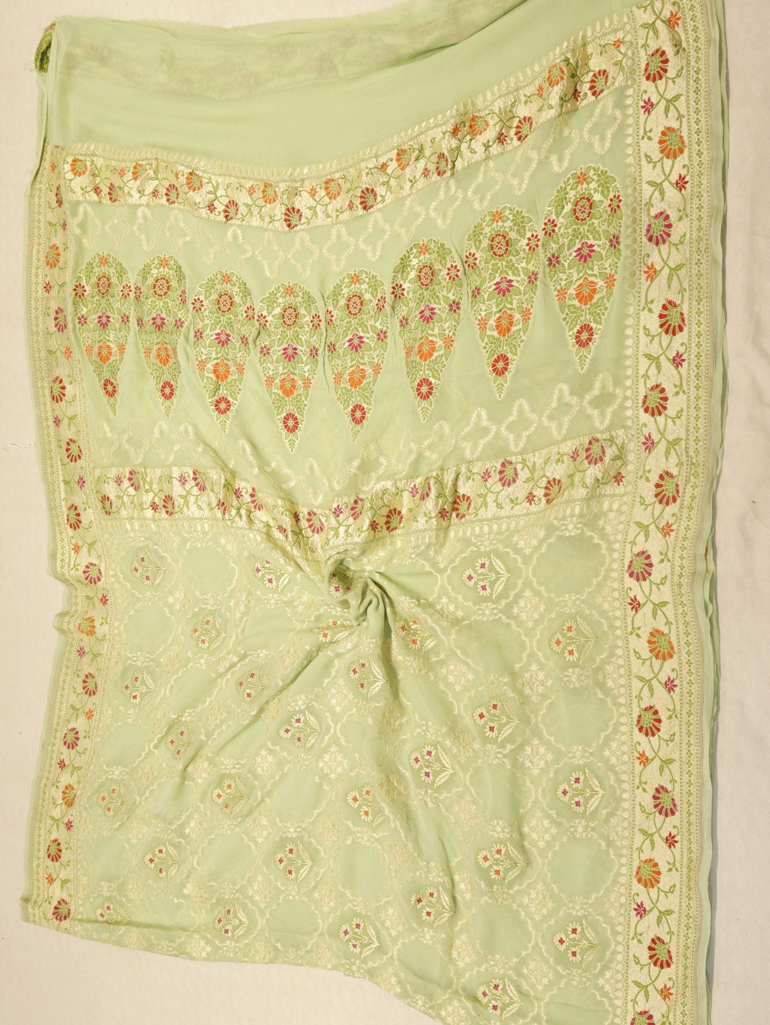 Green Khaddi Georgette Banarasi saree folded view – Hikayat Banaras