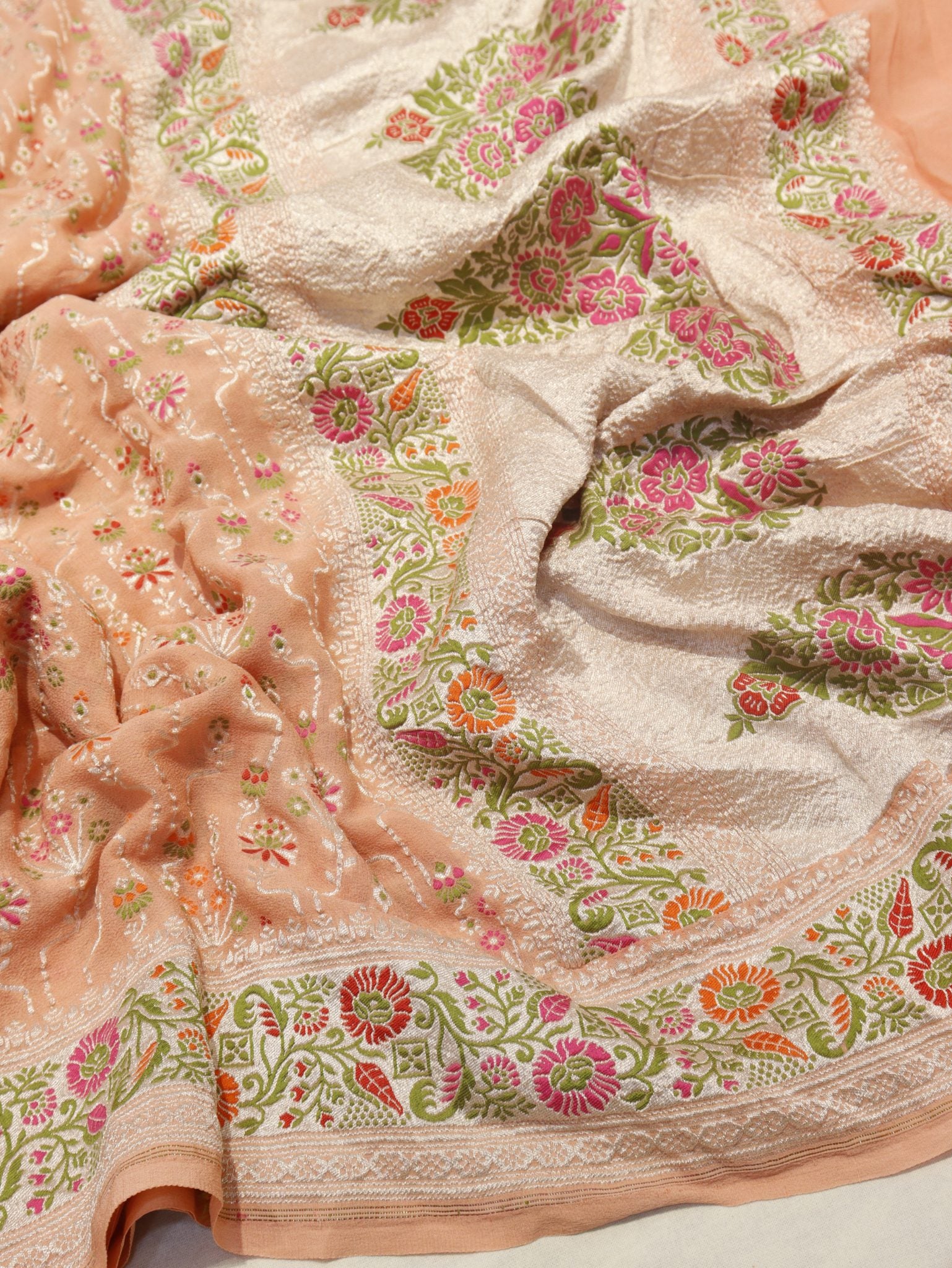 Peach Khaddi Georgette Banarasi saree pallu detail – Hikayat Banaras