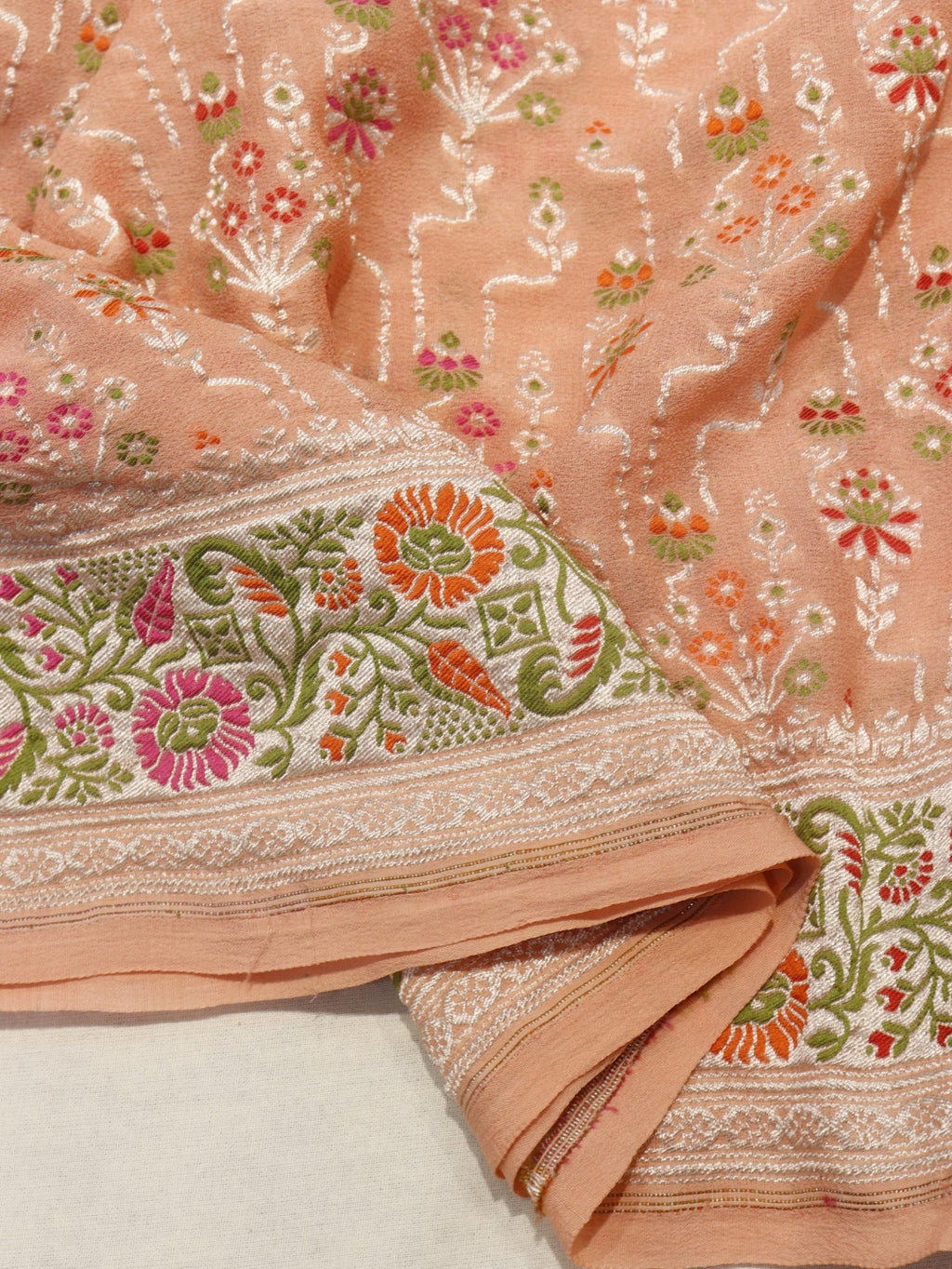 Peach Khaddi Georgette Banarasi saree full spread – Hikayat Banaras