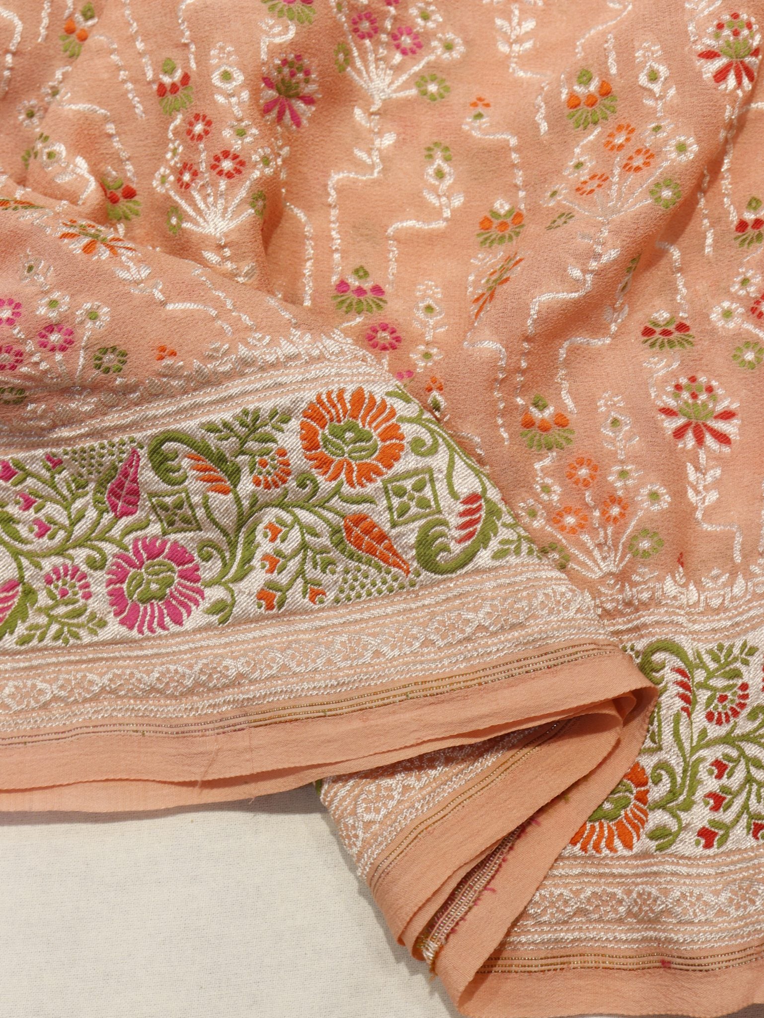 Peach Khaddi Georgette Banarasi saree full spread – Hikayat Banaras