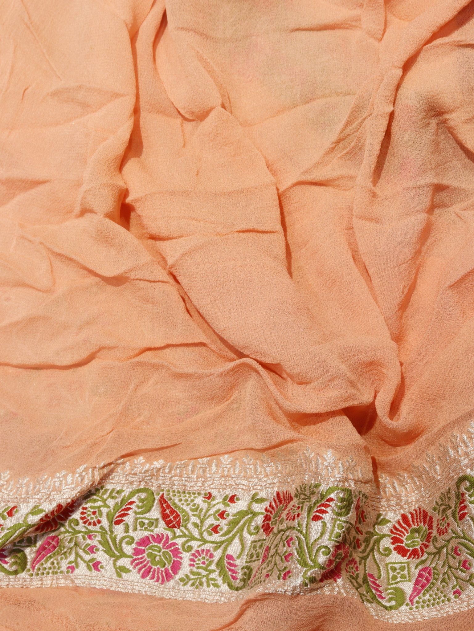 Peach Khaddi Georgette Banarasi saree zari work detail – Hikayat Banaras