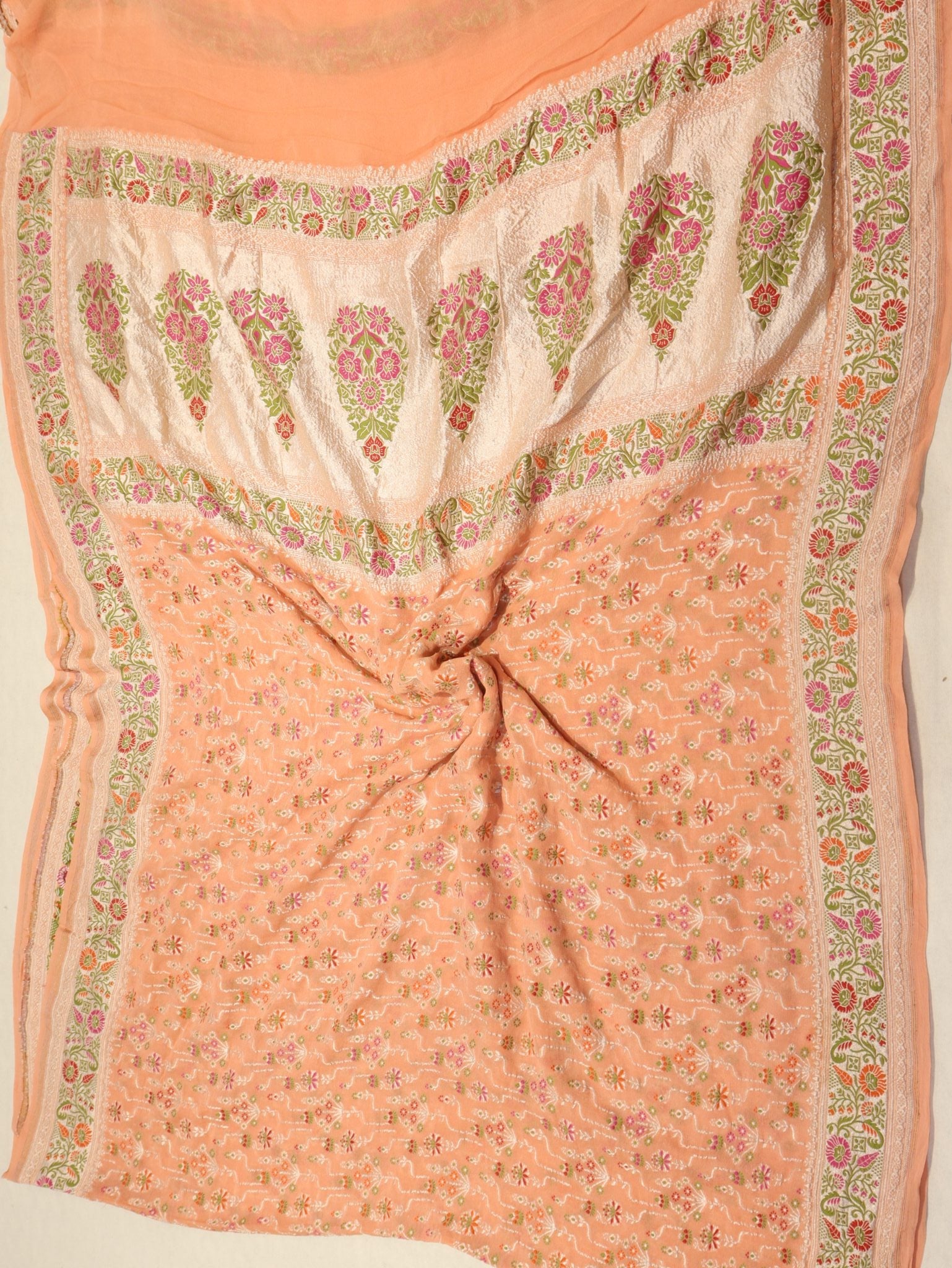 Peach Khaddi Georgette Banarasi saree folded view – Hikayat Banaras