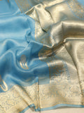 Sky Blue Kora Silk Banarasi saree front drape view – Hikayat Banaras