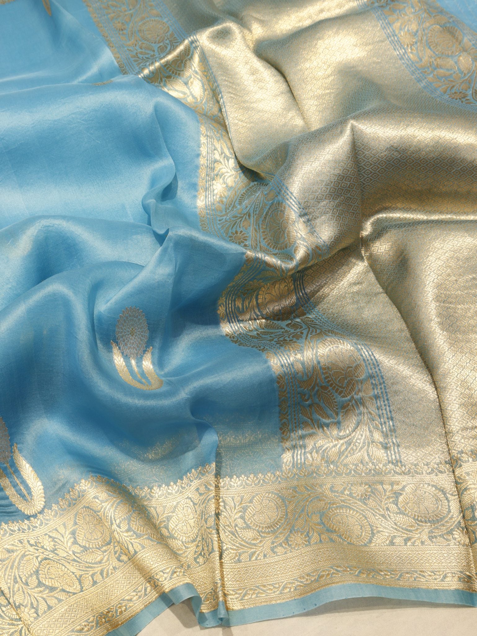 Sky Blue Kora Silk Banarasi saree front drape view – Hikayat Banaras