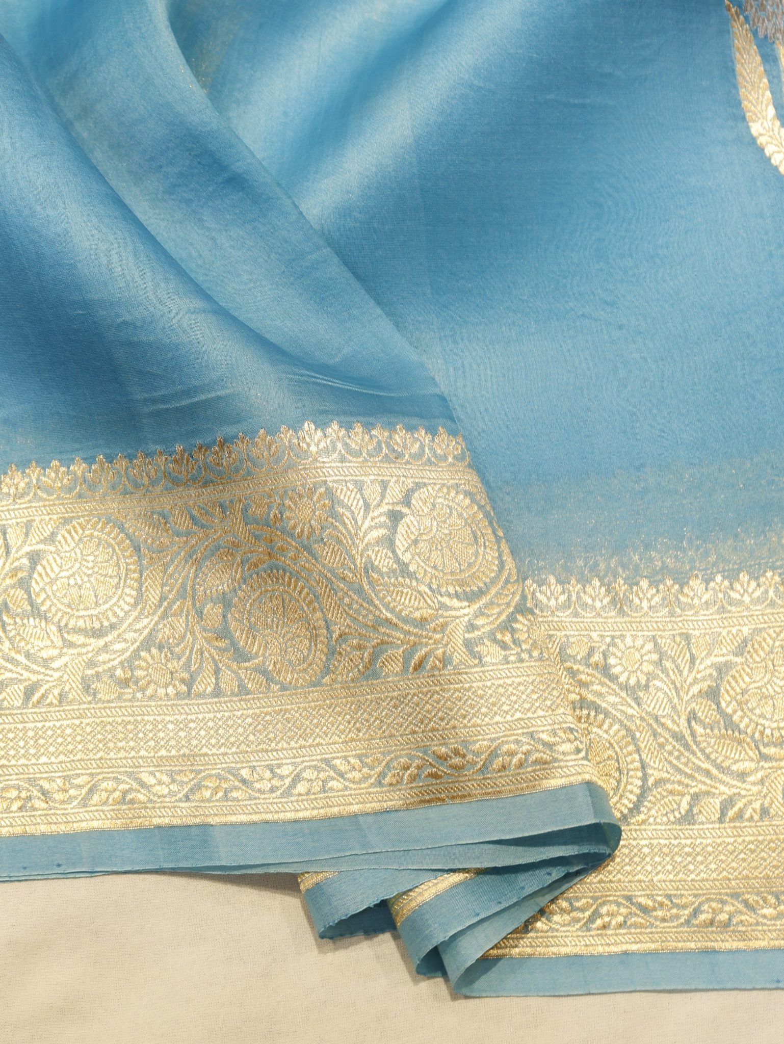 Sky Blue Kora Silk Banarasi saree full spread – Hikayat Banaras
