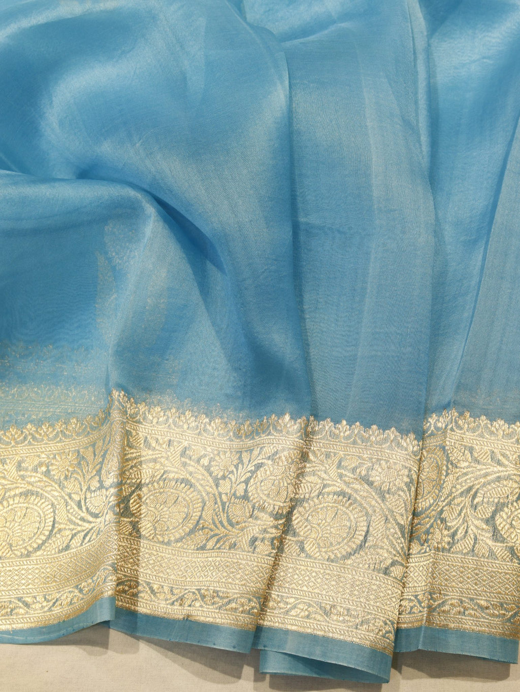 Sky Blue Kora Silk Banarasi saree zari work detail – Hikayat Banaras