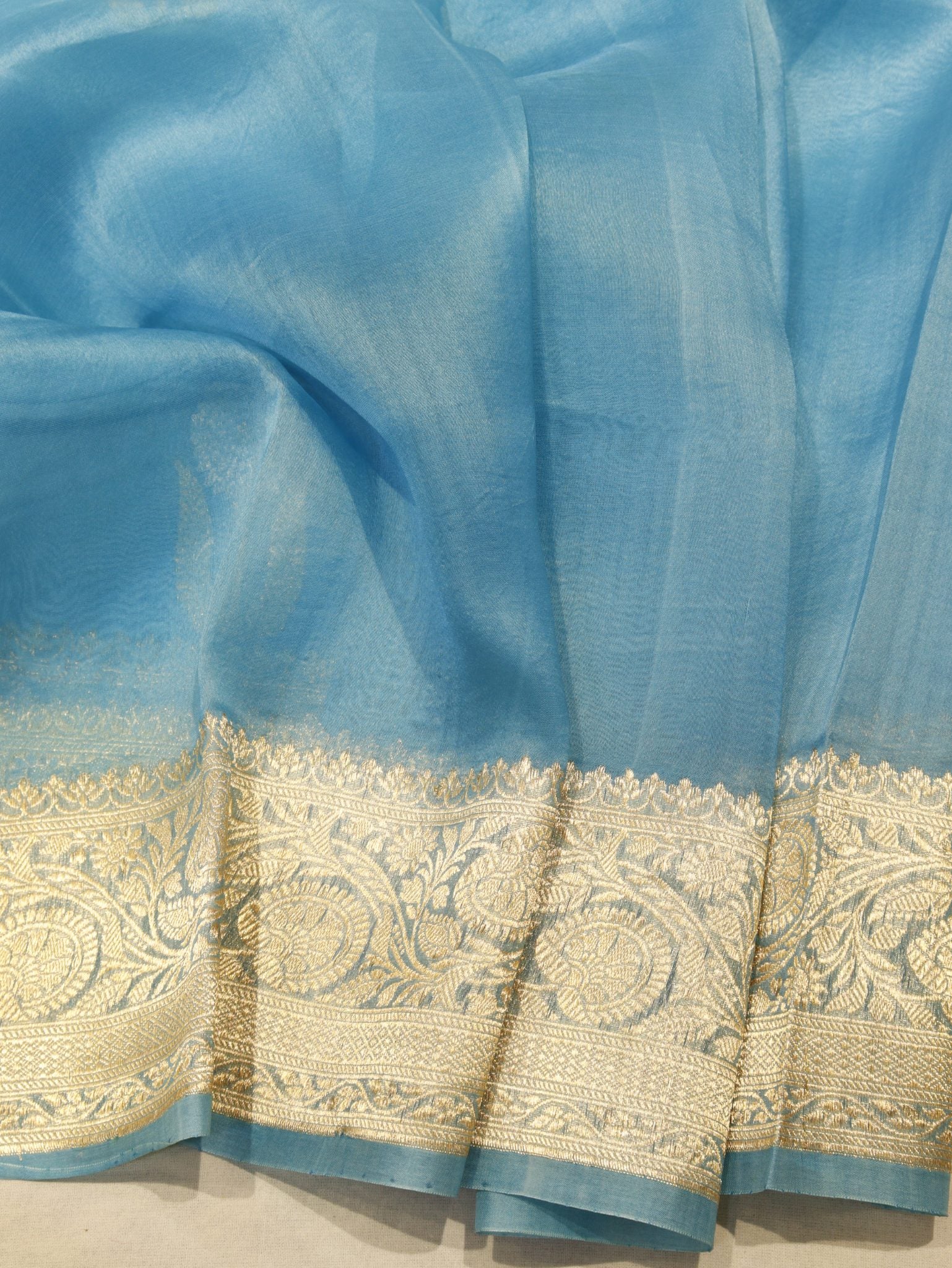 Sky Blue Kora Silk Banarasi saree zari work detail – Hikayat Banaras