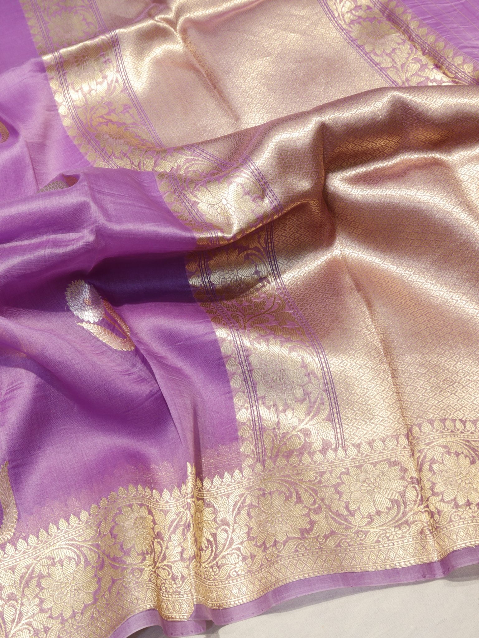 Lavender Kora Silk Banarasi saree front drape view – Hikayat Banaras