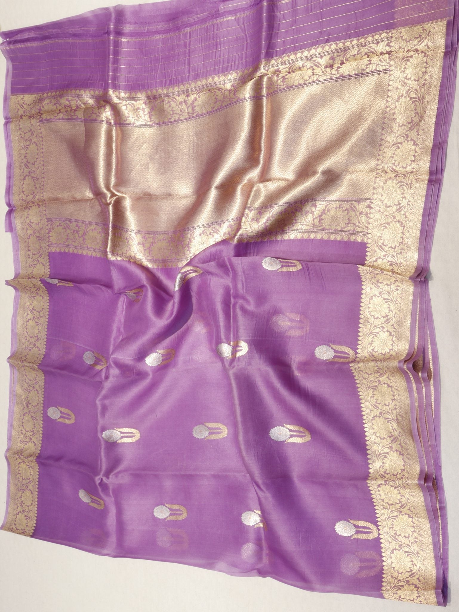 Lavender Kora Silk Banarasi saree folded view – Hikayat Banaras