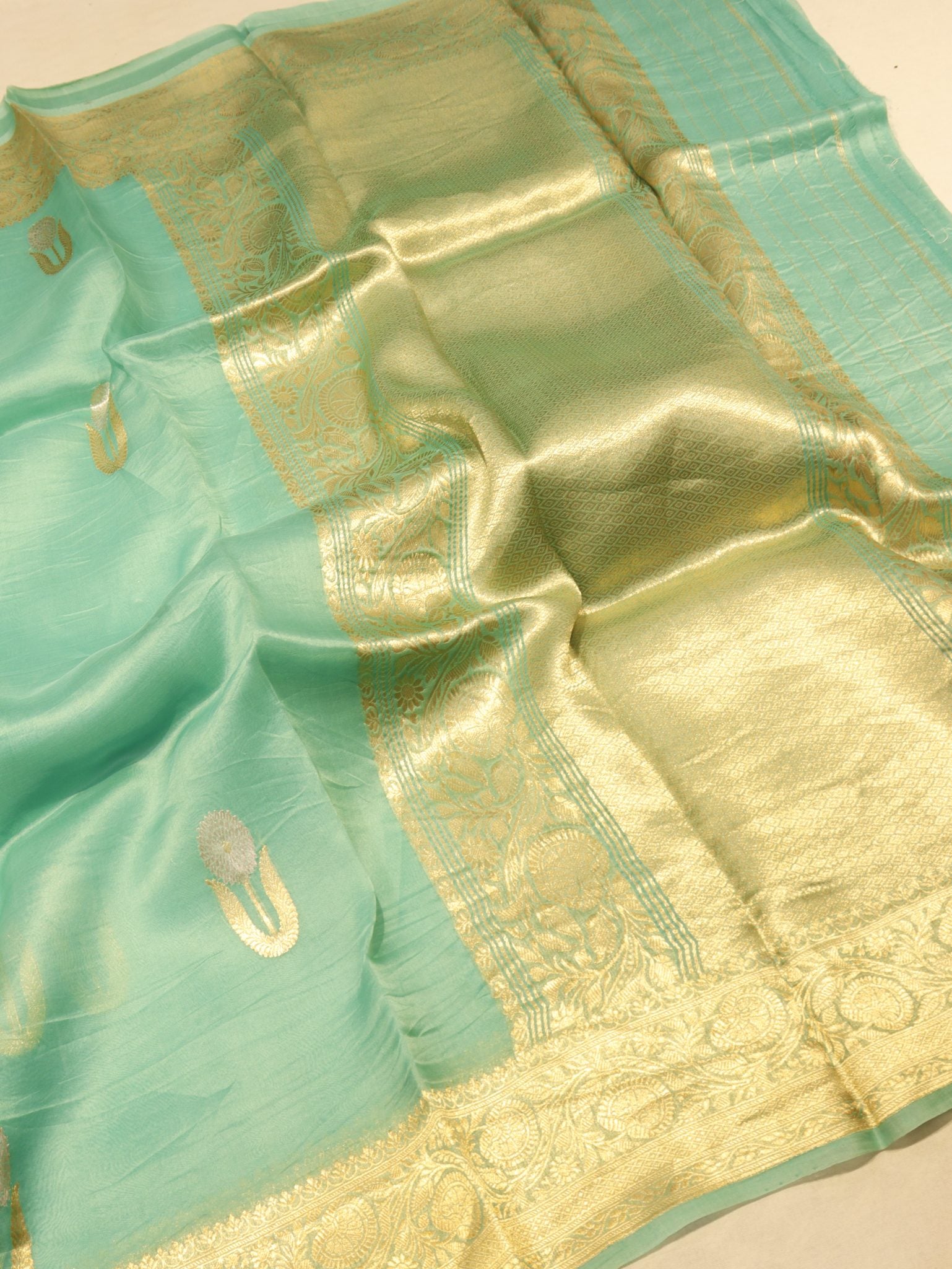 Aquamarine Kora Silk Banarasi saree blouse piece – Hikayat Banaras