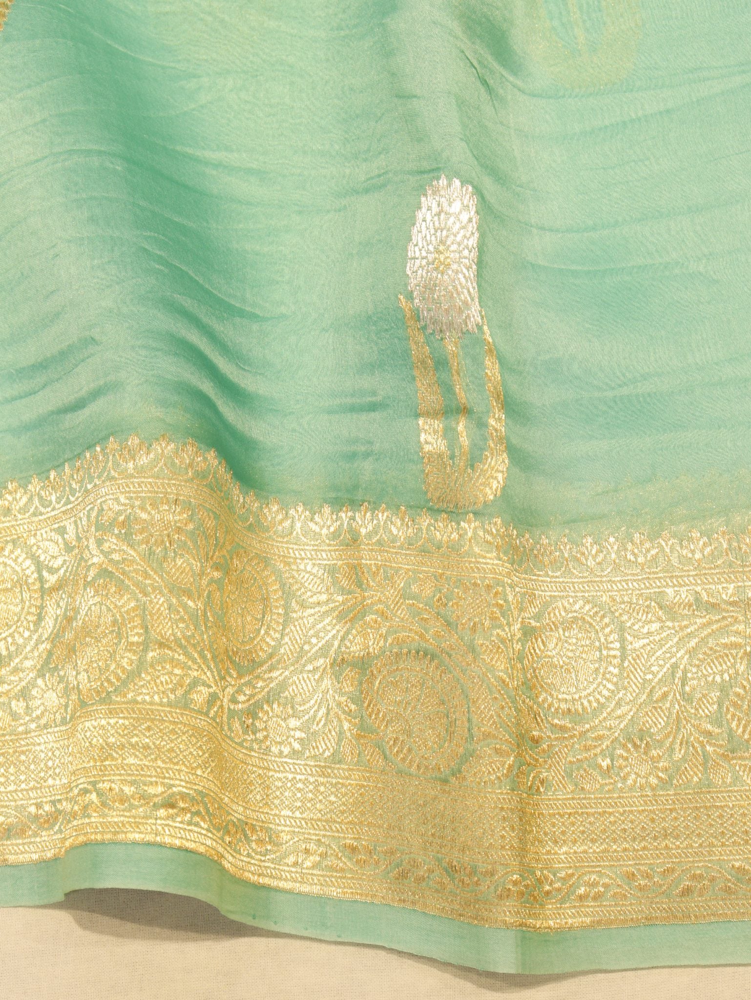 Aquamarine Kora Silk Banarasi saree zari work detail – Hikayat Banaras