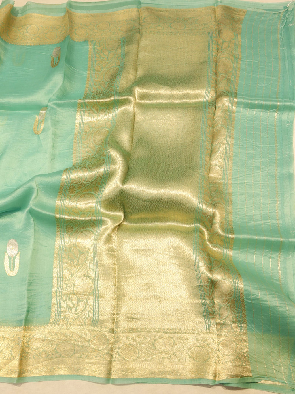 Aquamarine Kora Silk Banarasi saree folded view – Hikayat Banaras