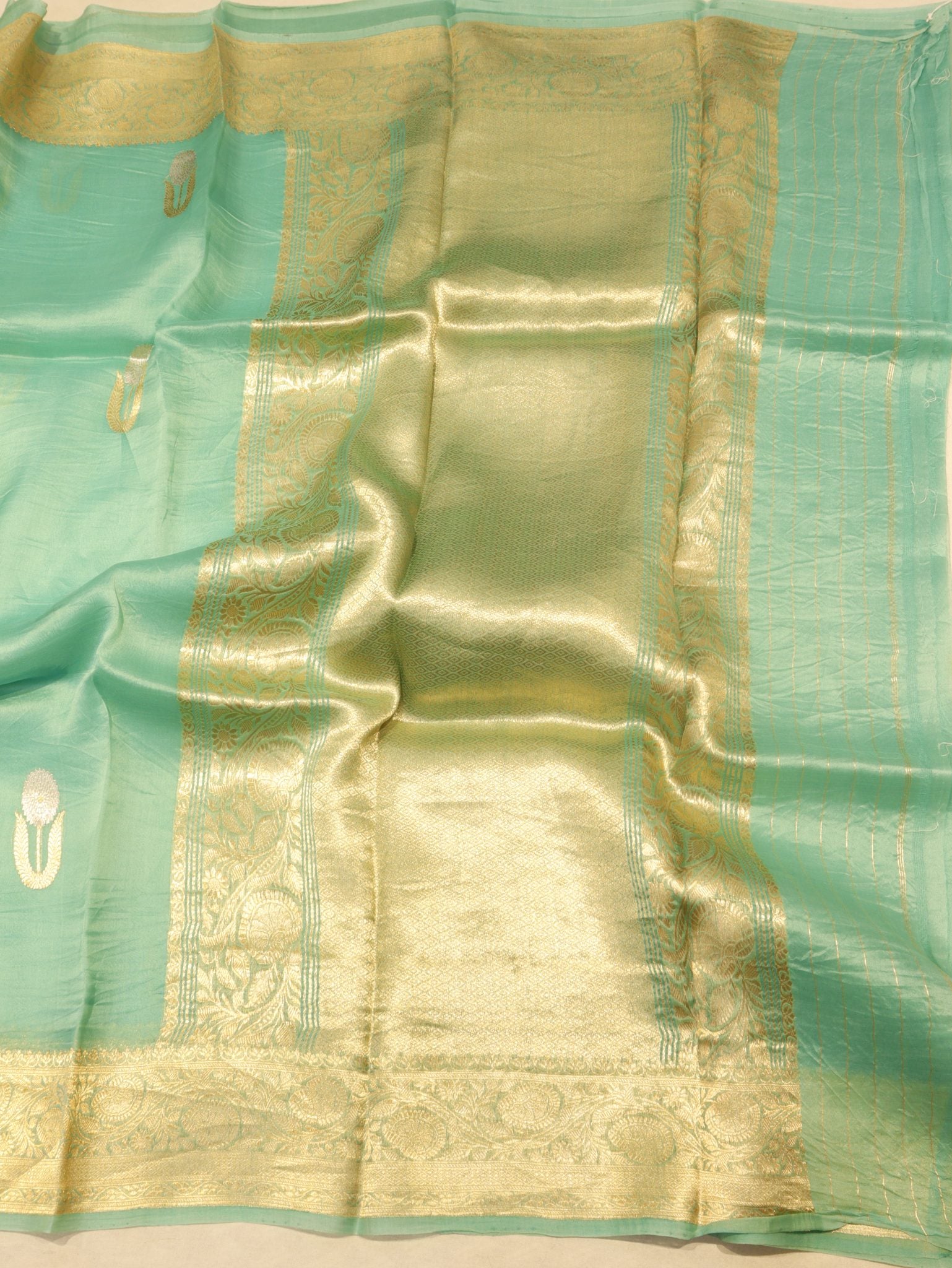 Aquamarine Kora Silk Banarasi saree folded view – Hikayat Banaras
