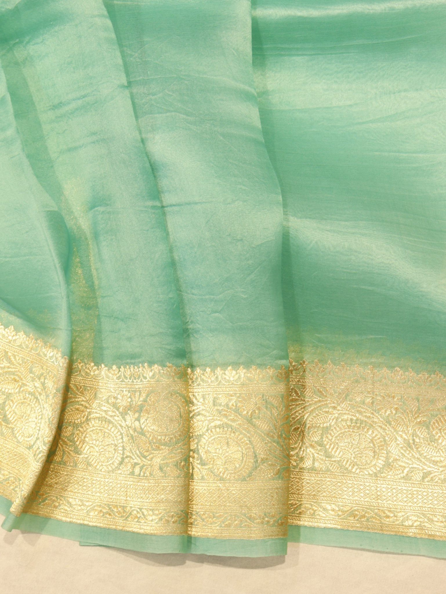 Aquamarine Kora Silk Banarasi saree front drape view – Hikayat Banaras
