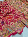 cherry pink Khaddi Georgette Banarasi saree front drape view – Hikayat Banaras