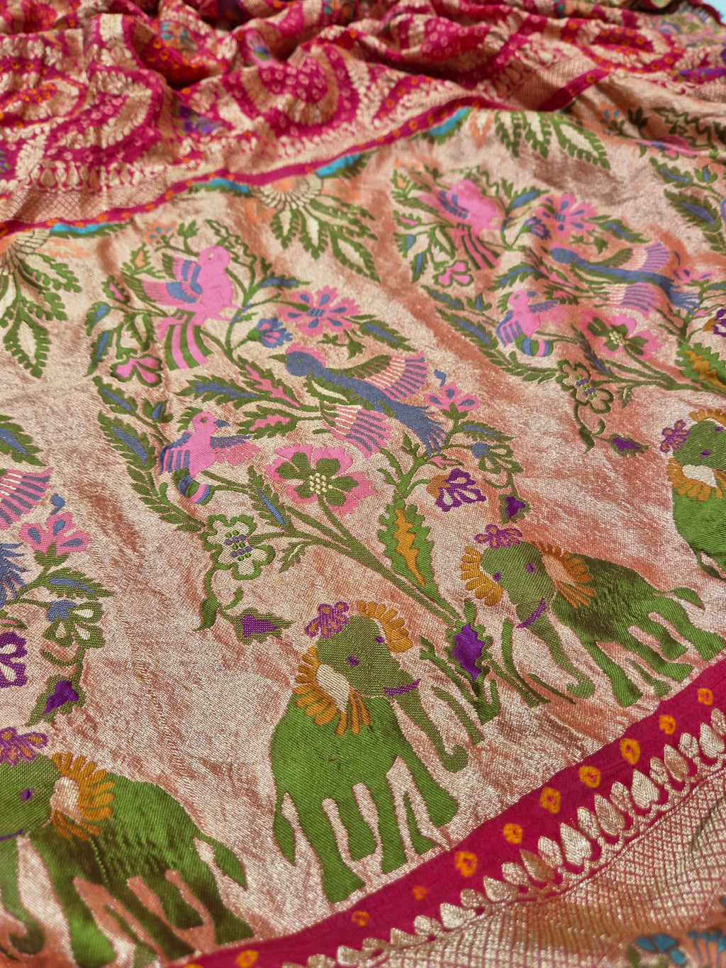 cherry pink Khaddi Georgette Banarasi saree border closeup – Hikayat Banaras