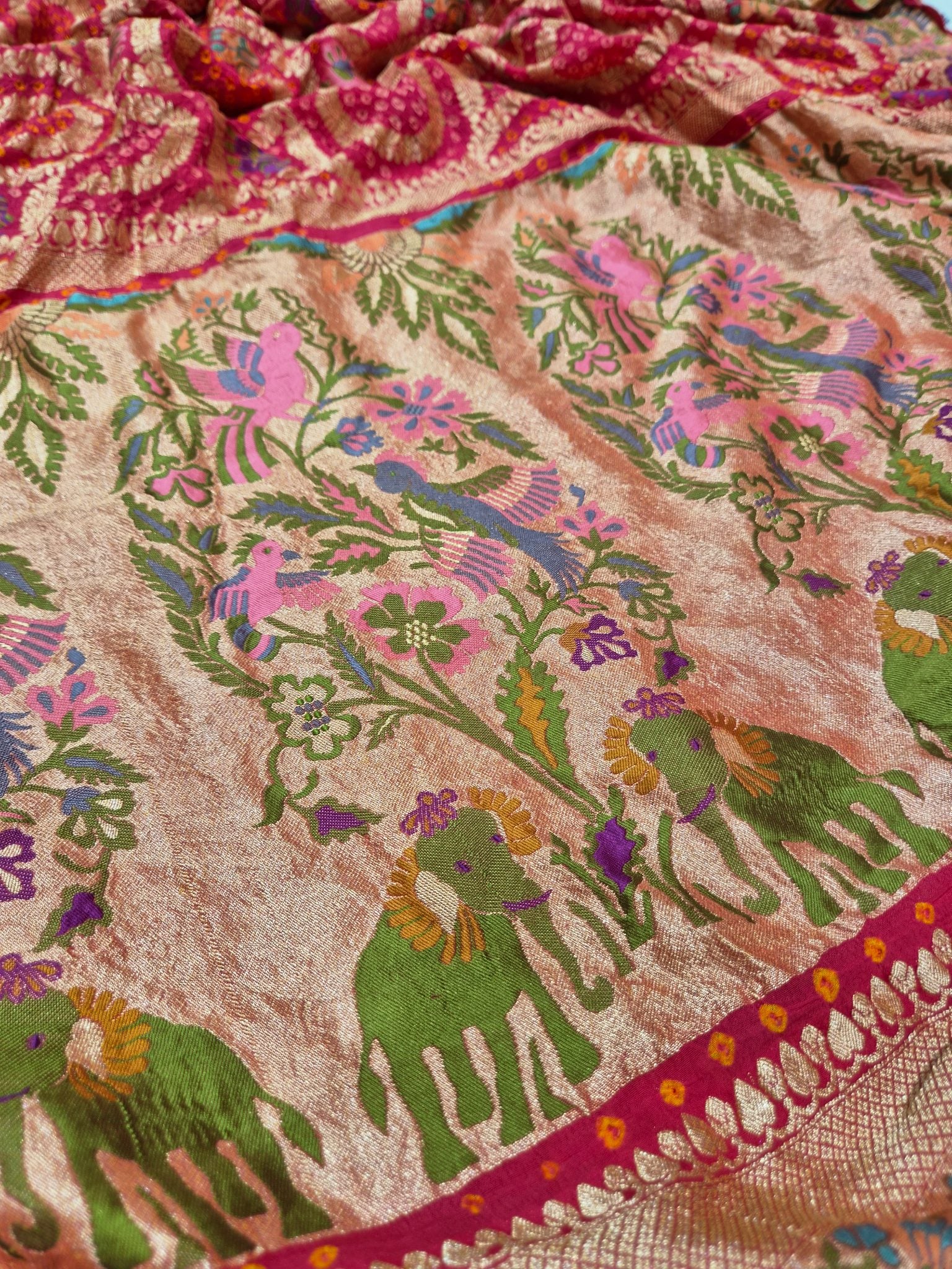 cherry pink Khaddi Georgette Banarasi saree border closeup – Hikayat Banaras