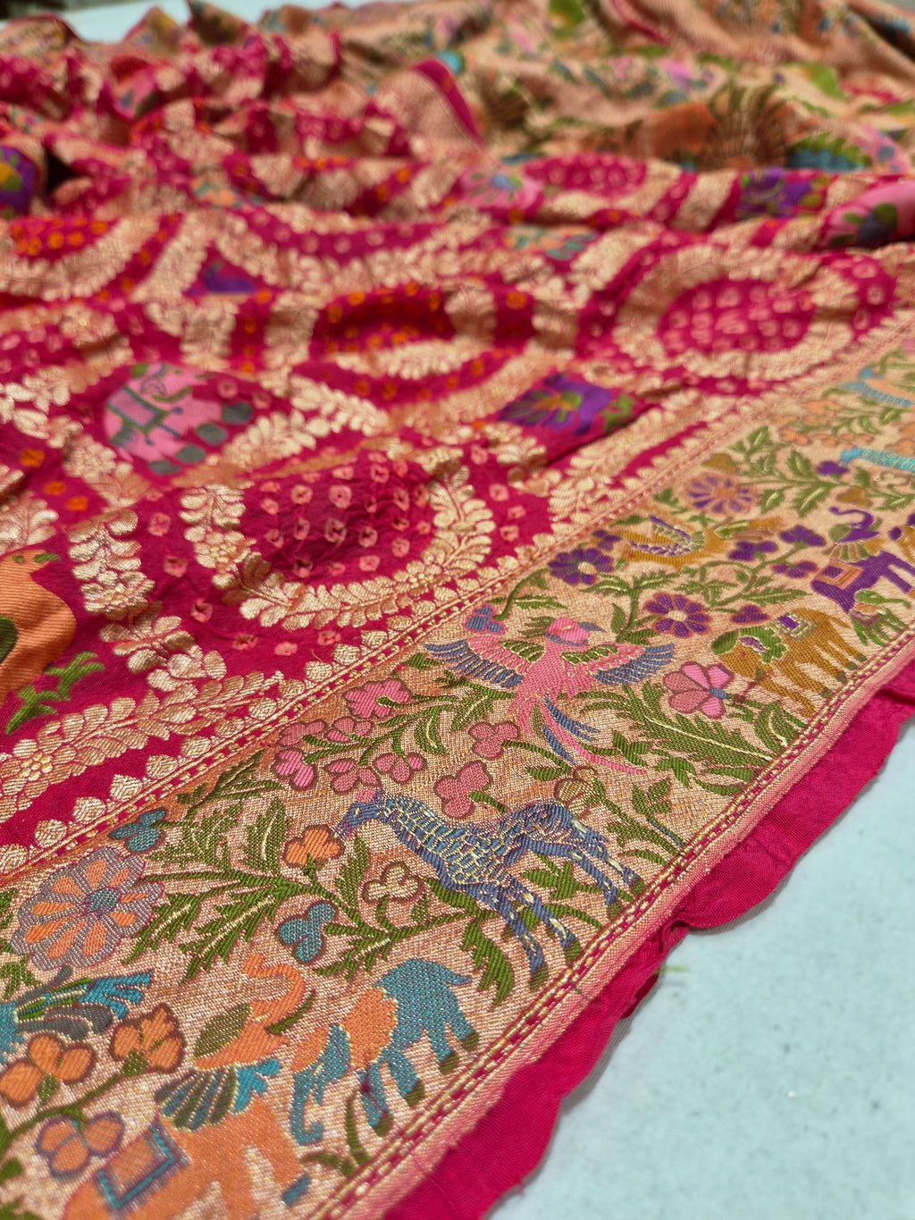 cherry pink Khaddi Georgette Banarasi saree full spread – Hikayat Banaras