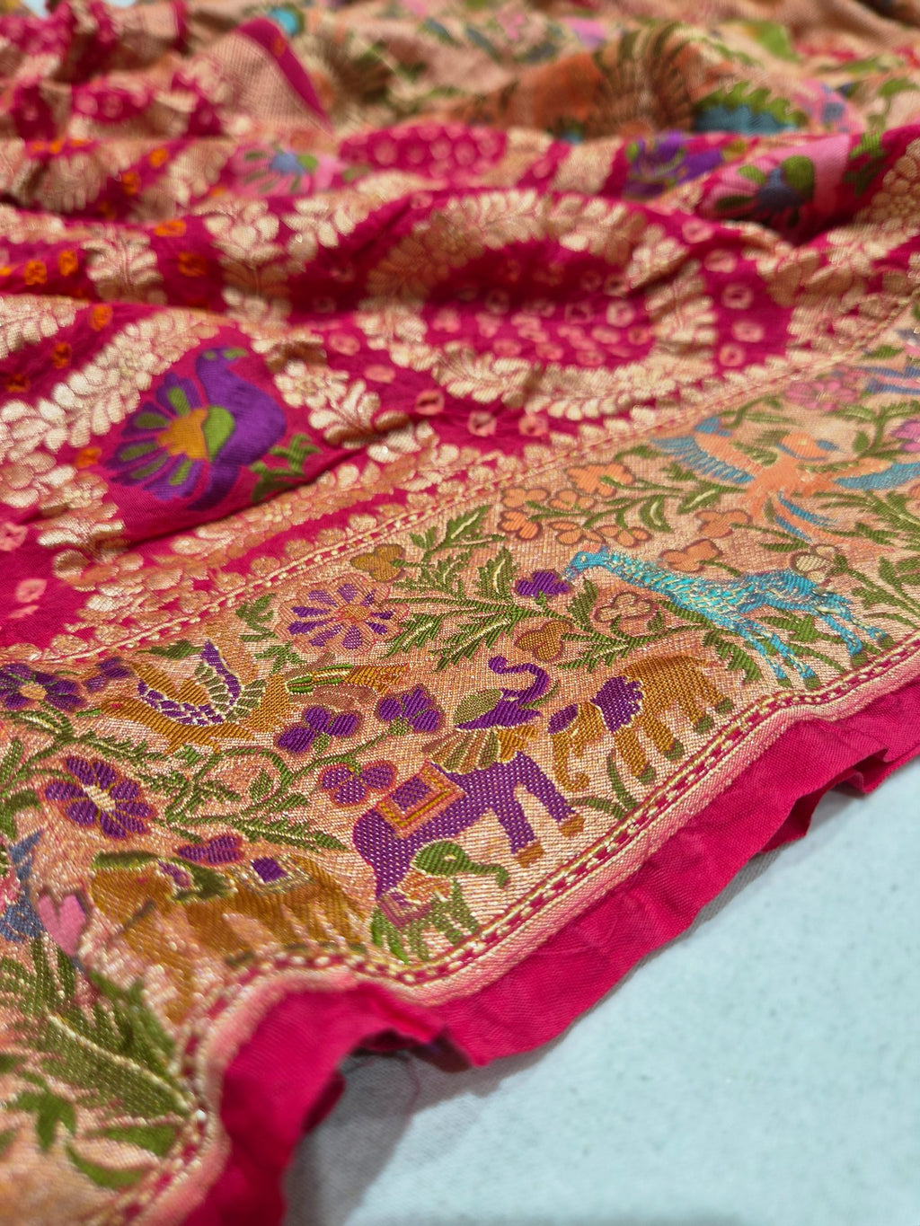 cherry pink Khaddi Georgette Banarasi saree texture detail – Hikayat Banaras