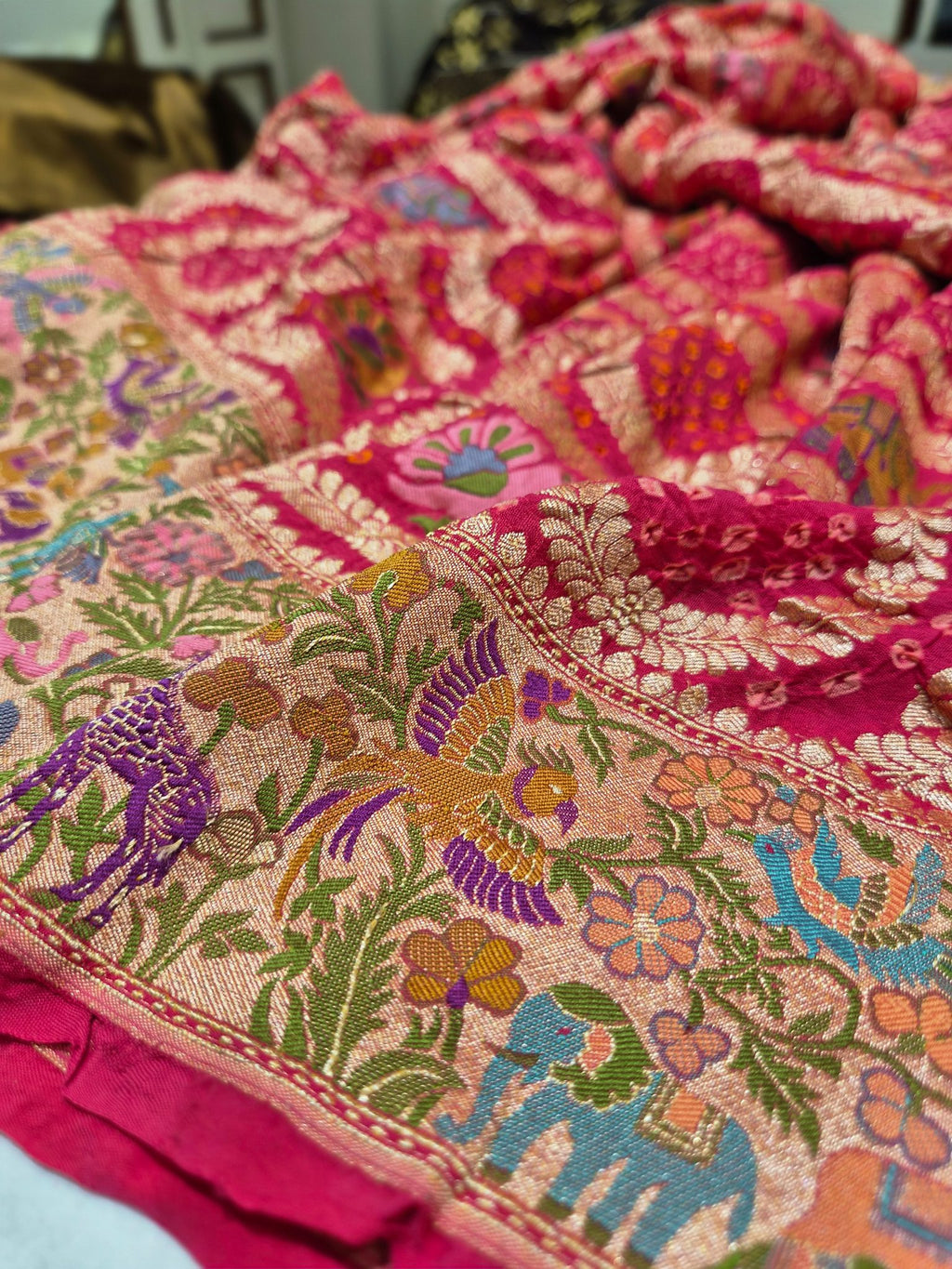 cherry pink Khaddi Georgette Banarasi saree zari work detail – Hikayat Banaras