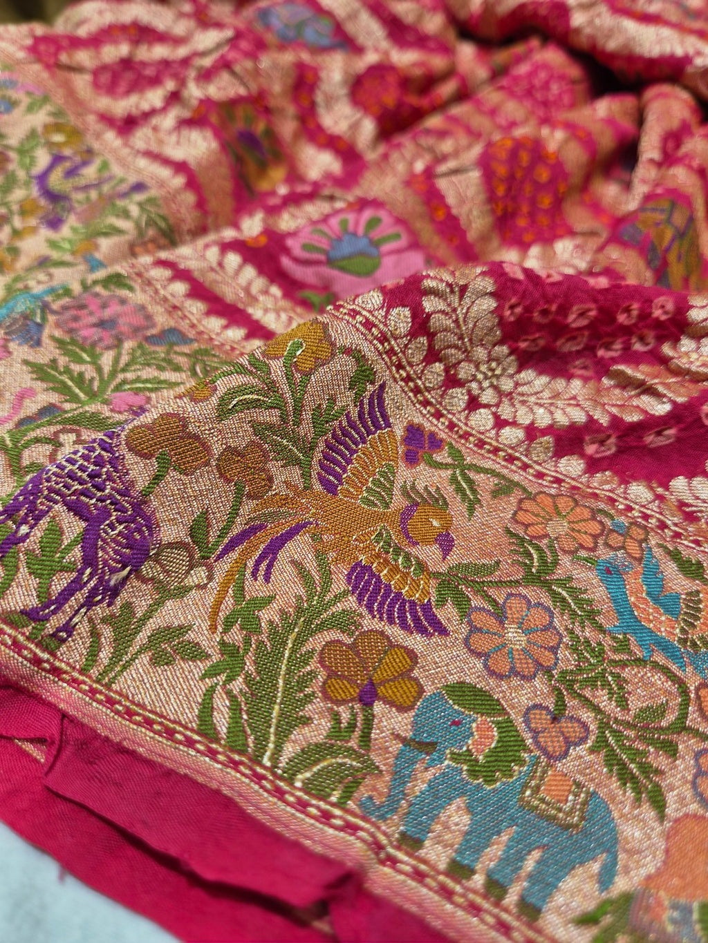 cherry pink Khaddi Georgette Banarasi saree folded view – Hikayat Banaras
