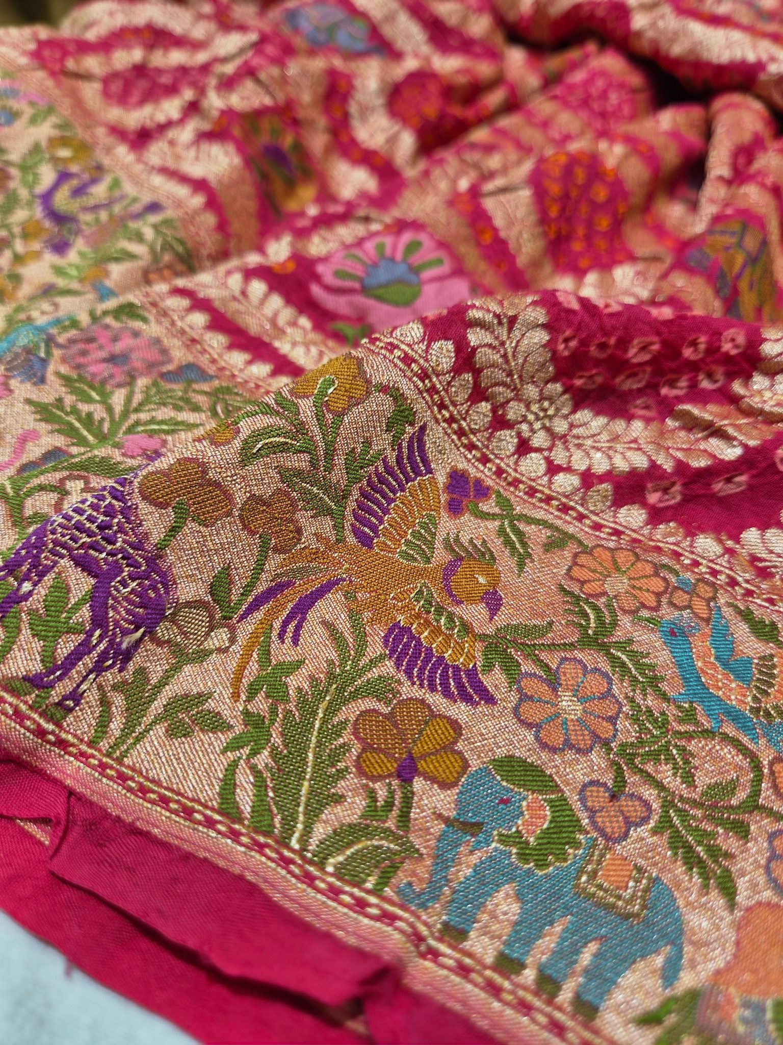 cherry pink Khaddi Georgette Banarasi saree folded view – Hikayat Banaras