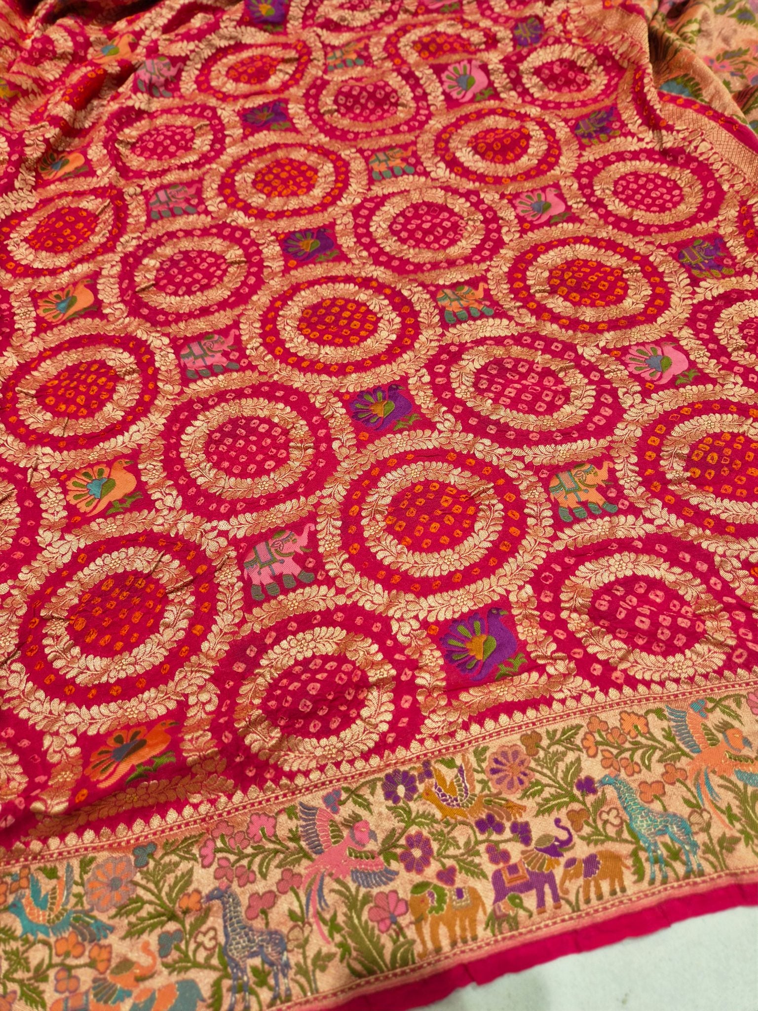 cherry pink Khaddi Georgette Banarasi saree front drape view – Hikayat Banaras