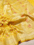 Yellow Katan Silk Banarasi saree front drape view – Hikayat Banaras