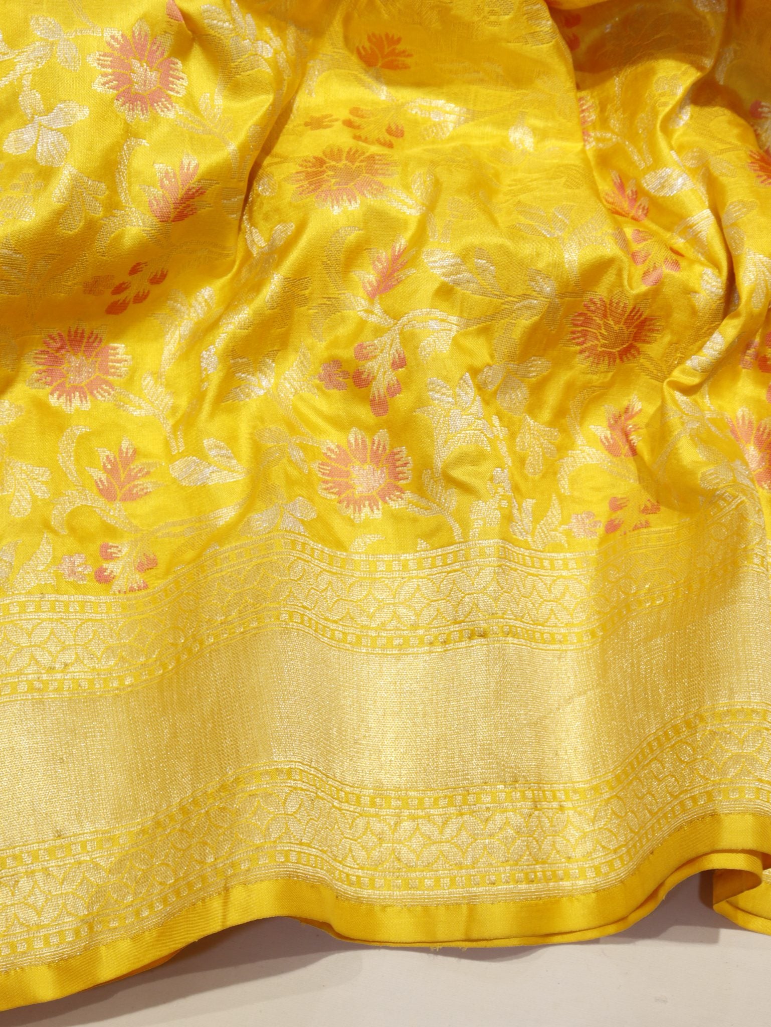 Yellow Katan Silk Banarasi saree full spread – Hikayat Banaras