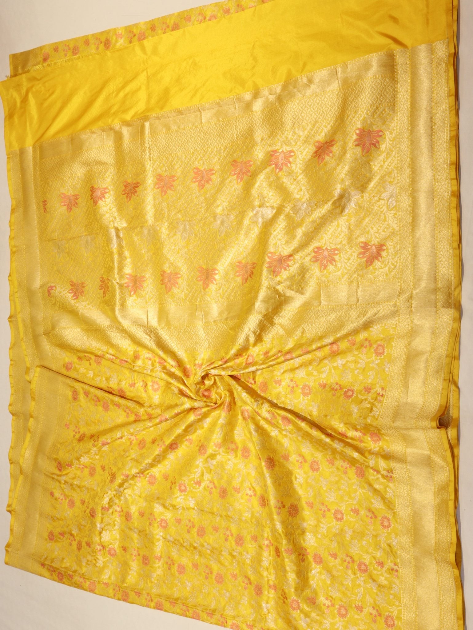 Yellow Katan Silk Banarasi saree folded view – Hikayat Banaras