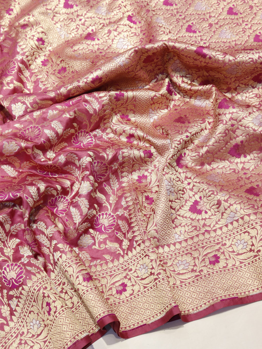 Onion Pink Katan Silk Banarasi saree front drape view – Hikayat Banaras