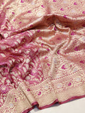 Onion Pink Katan Silk Banarasi saree front drape view – Hikayat Banaras