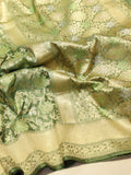 Bottle Green Katan Silk Banarasi saree front drape view – Hikayat Banaras